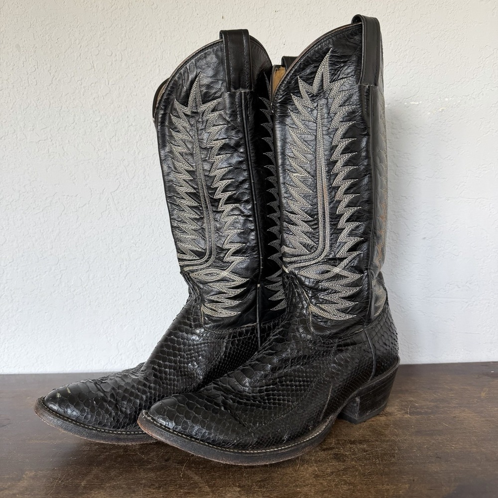 Vintage Cowtown Black Python Exotic Cowboy Boots Men's Size 8.5 EE Wide Toe